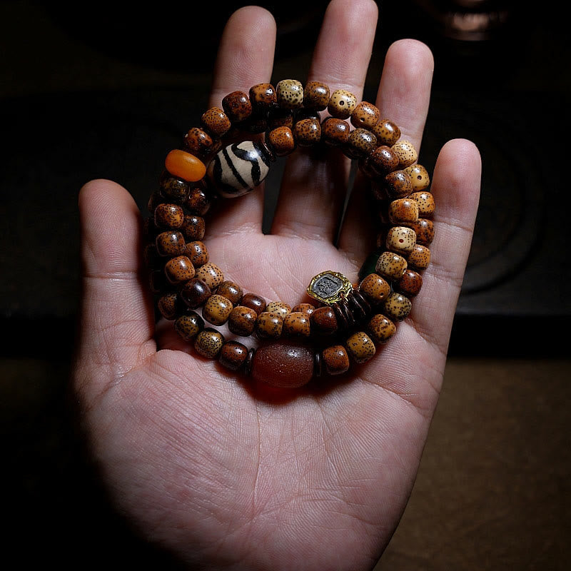 Nimara Ritual Tibetan Bodhi Seed Amber Dzi Bead Agate Zakiram Goddess of Wealth Beads Triple Wrap Bracelet