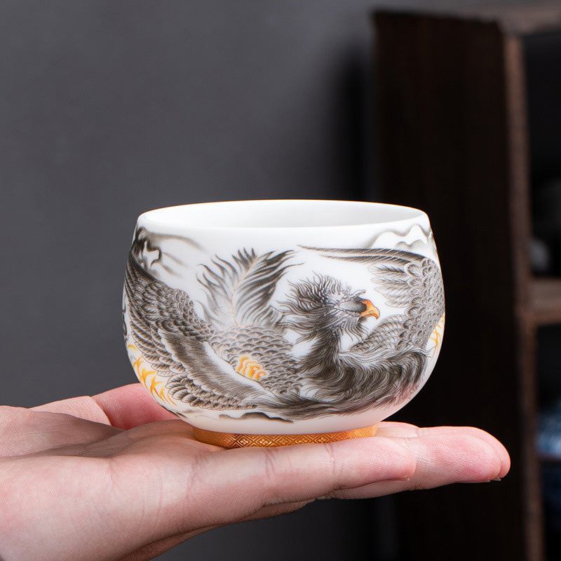 Nimara Ritual Phoenix White Porcelain Ceramic Teacup Kung Fu Tea Cup 185ml With Gift Box