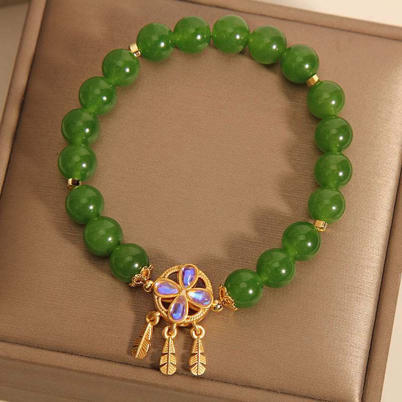Nimara Ritual Green Jade Dreamcatcher Four Leaf Clover Luck Bracelet