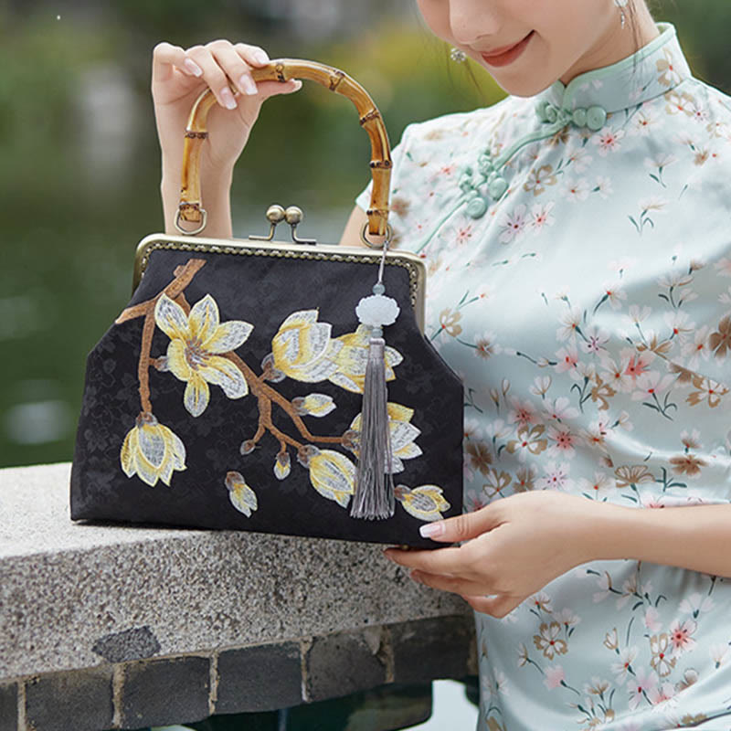 Nimara Ritual Plum Blossom Embroidery Bamboo Handle Handbag Crossbody Bag