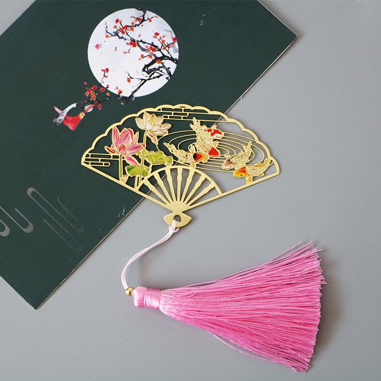 Nimara Ritual Traditional Butterfly Lotus Flower Crane Dragon Phoenix Fox Koi Fish New Beginning Metal Brass Hollow Fan Bookmarks