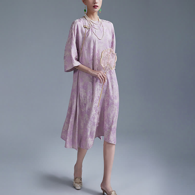 Nimara Ritual Small Flower Leaf Jacquard Chinese Cheongsam Qipao Midi Dress With Pockets