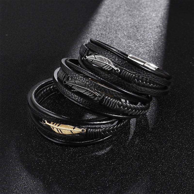 Nimara Ritual Feather Pattern Multilayer Leather Titanium Steel Calm Braided Magnetic Buckle Bracelet