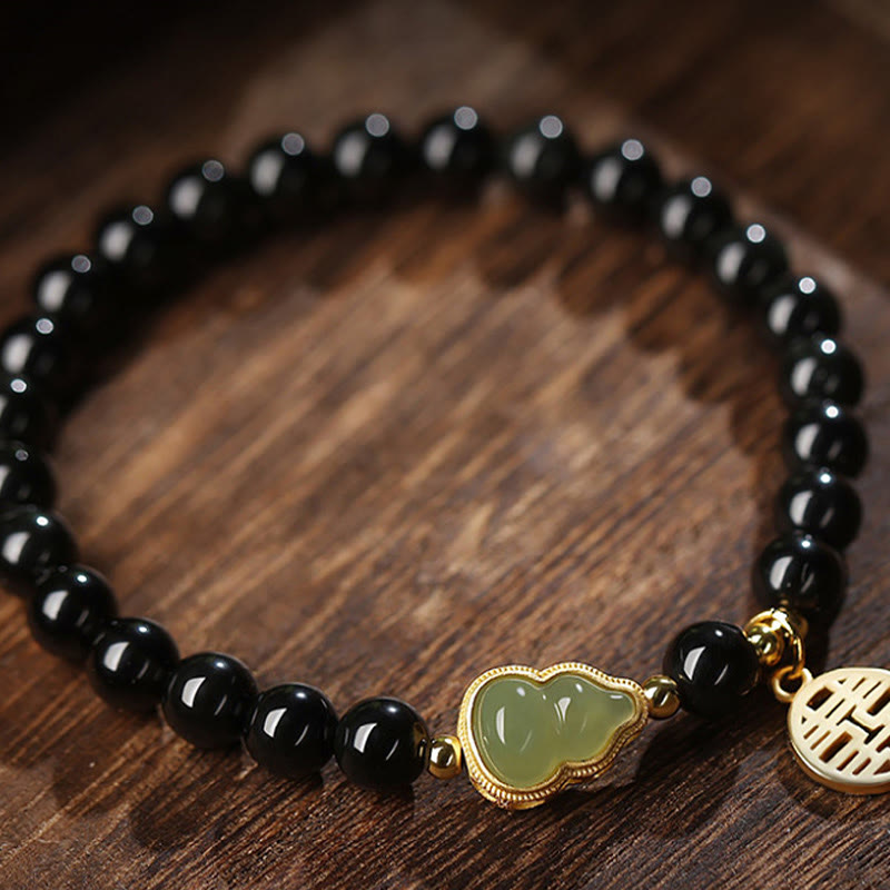 Nimara Ritual Natural Black Obsidian Hetian Jade Gourd Double Happiness Strength Bracelet