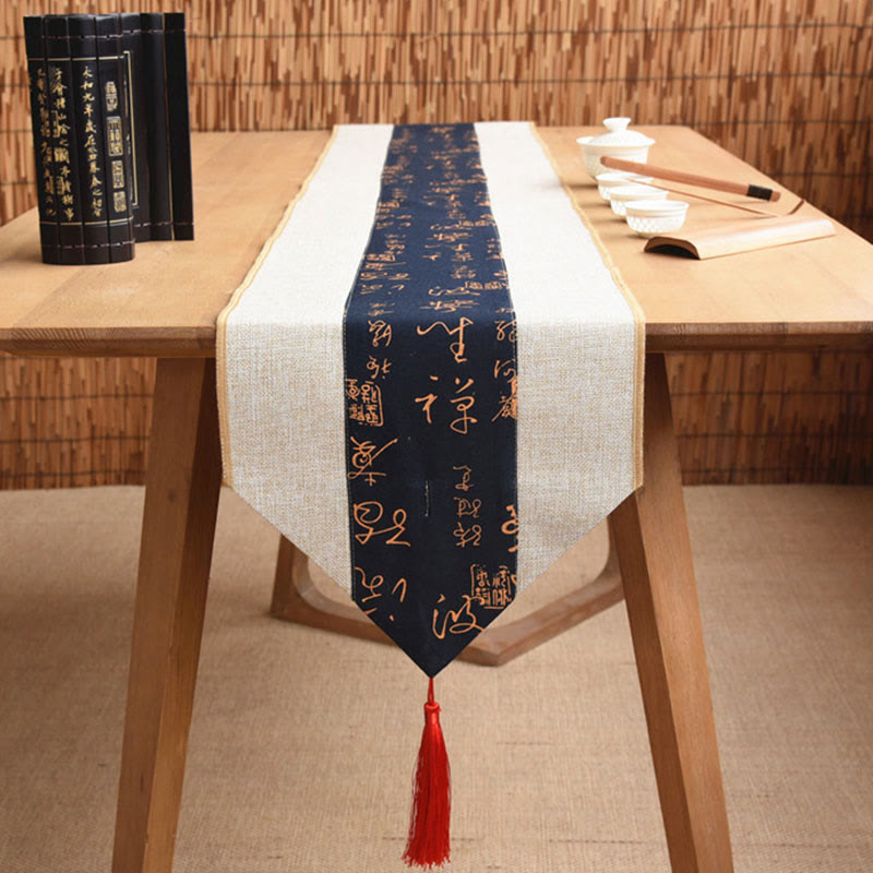 Nimara Ritual Classic Chinese Style Lotus Koi Fish Flower Crane Calligraphy Enlightenment Cotton Linen Tassels Table Runner
