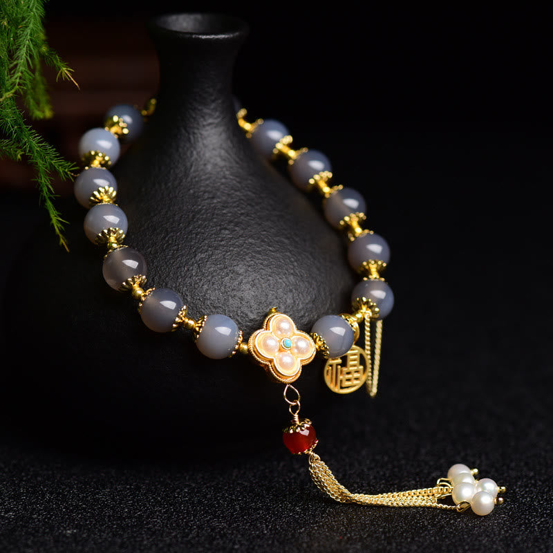 Nimara Ritual Natural Gray Agate Fu Character Pearl Tassel Balance Bracelet