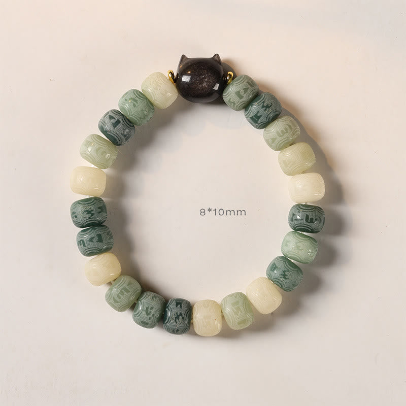 Nimara Ritual Bodhi Seed Silver Sheen Obsidian Cat Head Om Mani Padme Hum Engraved Harmony Bracelet