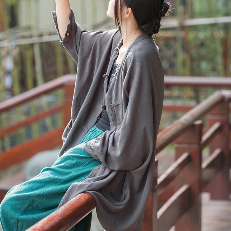Nimara Ritual Frog-Button Long Sleeve Zen Meditation Open Front Jacket With Pockets