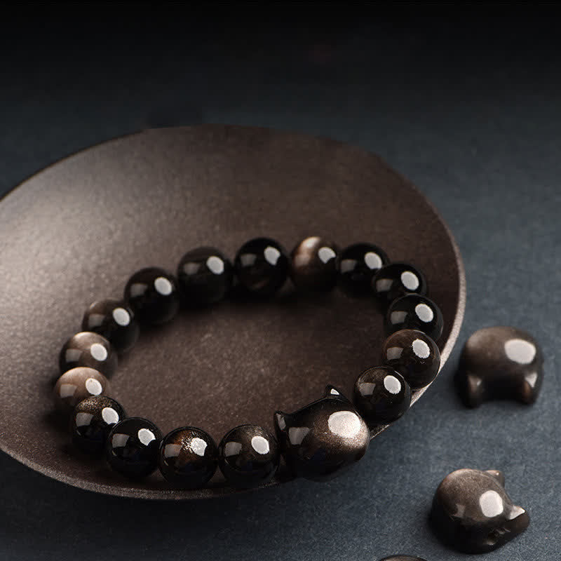 Nimara Ritual Gold Sheen Obsidian Silver Sheen Obsidian Lovely Paw Lucky Cat Protection Bracelet
