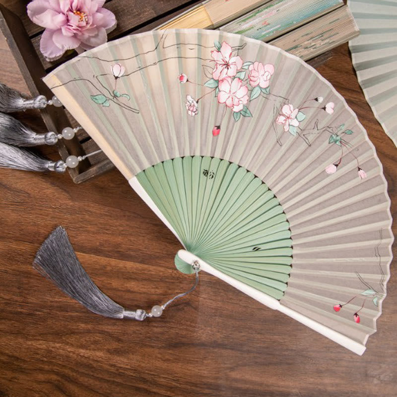 Nimara Ritual Jasmine Lotus Begonia Flowers Handheld Bamboo Folding Fan
