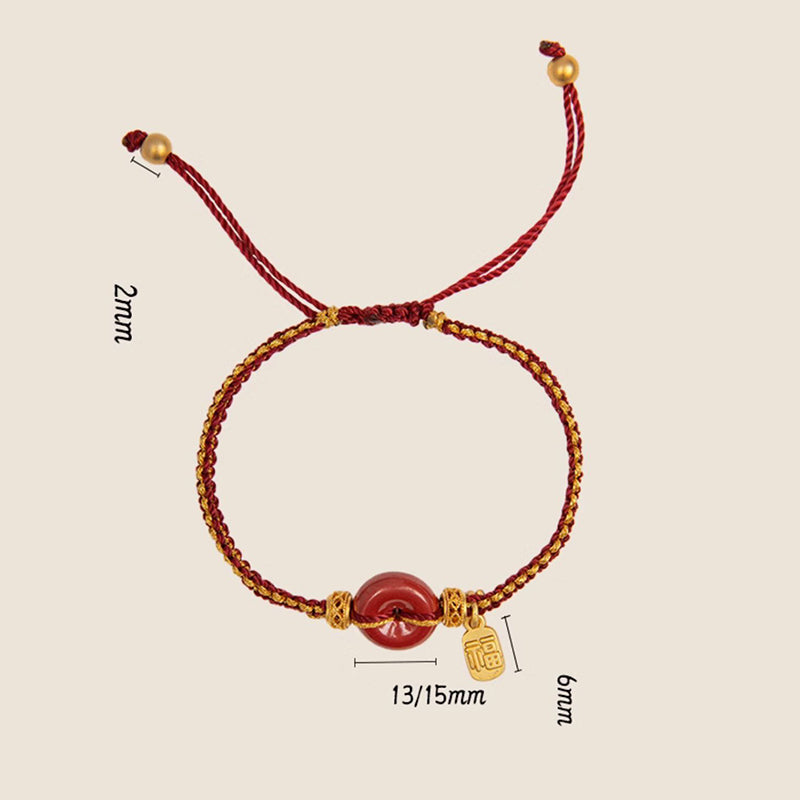Nimara Ritual Natural Cinnabar Peace Buckle Fu Character Charm Blessing Braided Bracelet