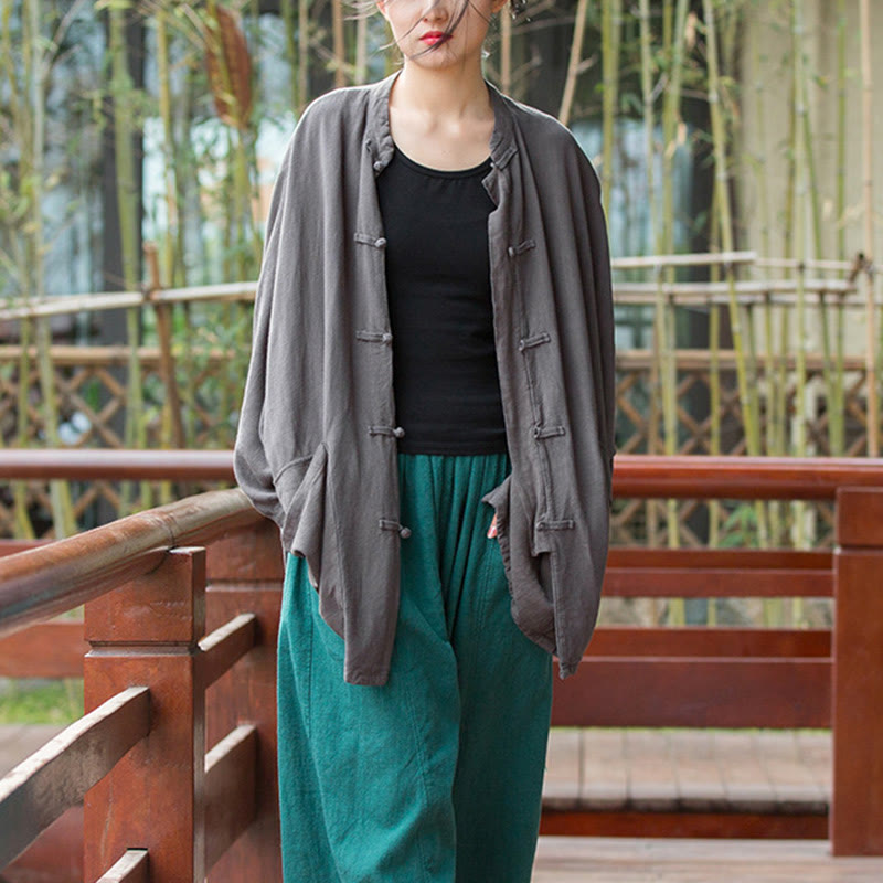 Nimara Ritual Frog-Button Long Sleeve Zen Meditation Open Front Jacket With Pockets