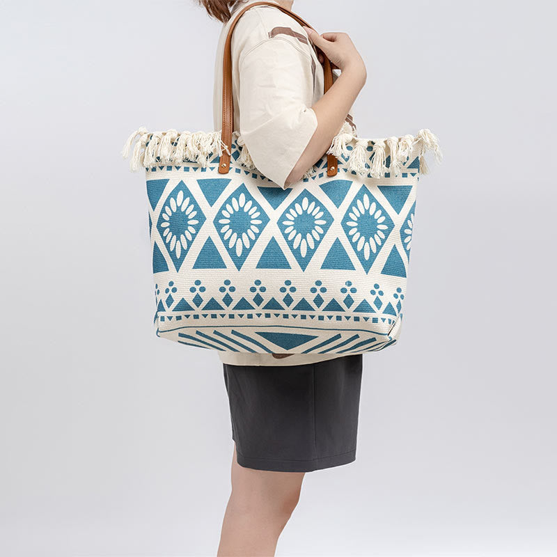 Nimara Ritual Large Capacity Boho Geometry Print Tassel Canvas Tote Shoulder Bag