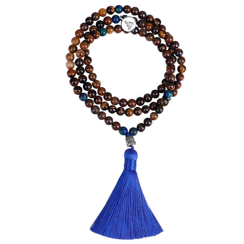 Nimara Ritual 108 Mala Beads Tiger Eye Buddha Strength Bracelet Tassel Necklace Pendant
