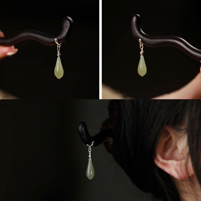 Nimara Ritual 925 Sterling Silver Natural Hetian Jade Ebony Wood Luck Charm Hairpin
