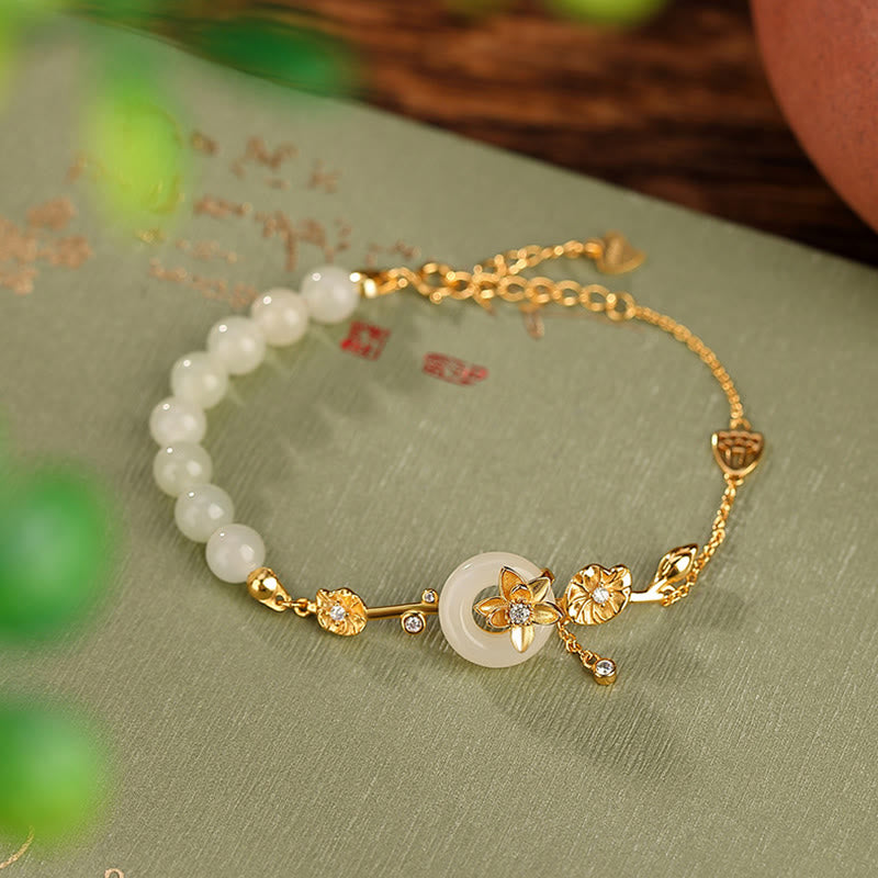 Nimara Ritual 925 Sterling Silver Hetian Jade Peace Buckle Lotus Luck Chain Bracelet