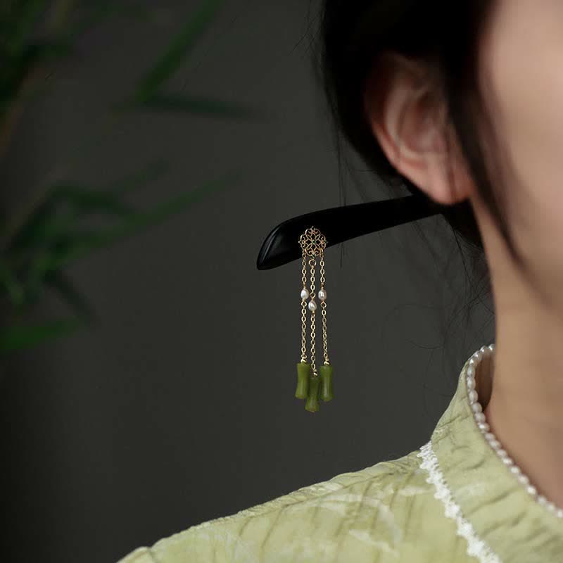 Nimara Ritual Natural Peridot Ebony Wood Love Tassels Hairpin