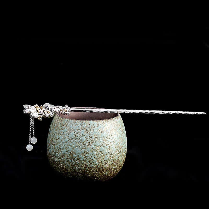 Nimara Ritual 925 Sterling Silver Hetian White Jade Flower Blessing Hairpin