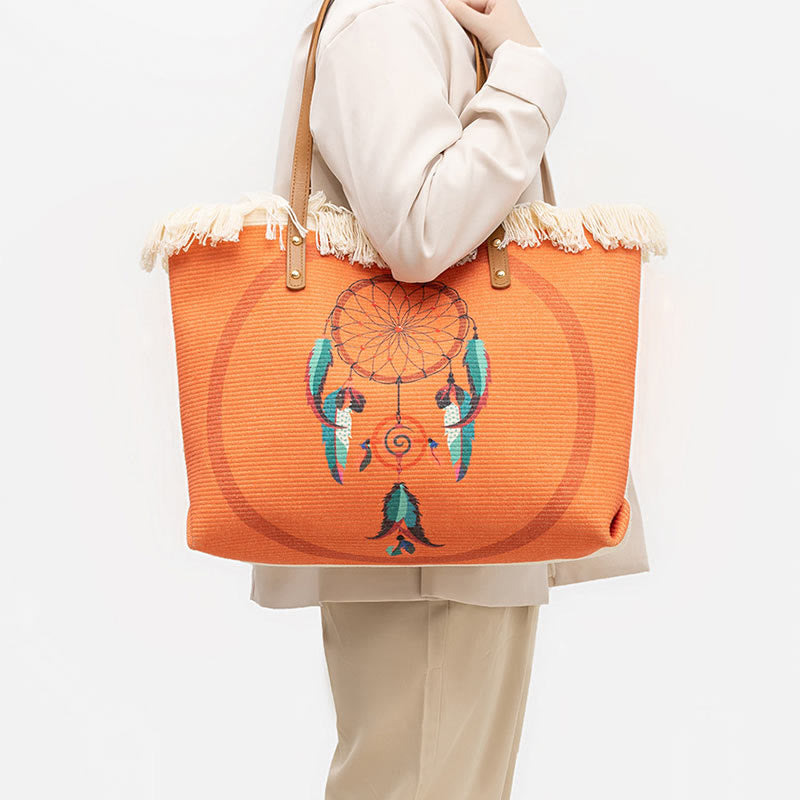 Nimara Ritual Large Capacity Dreamcatcher Mandala Tassel Canvas Tote Shoulder Bag