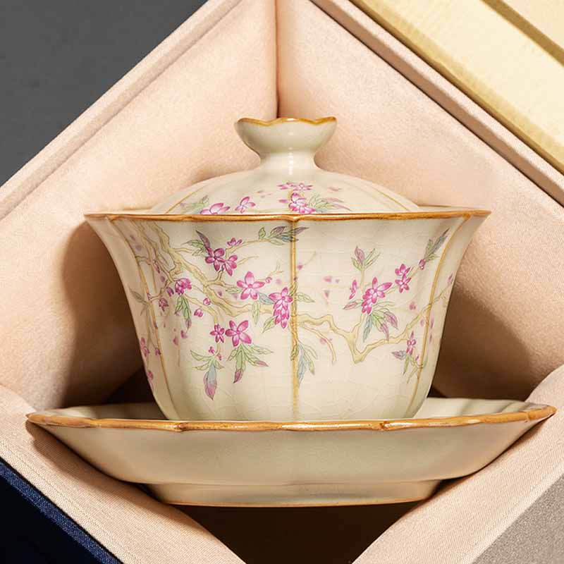Nimara Ritual Beige Plum Blossom Shape Peach Branch Ceramic Gaiwan Sancai Teacup Kung Fu Tea Cup With Lid