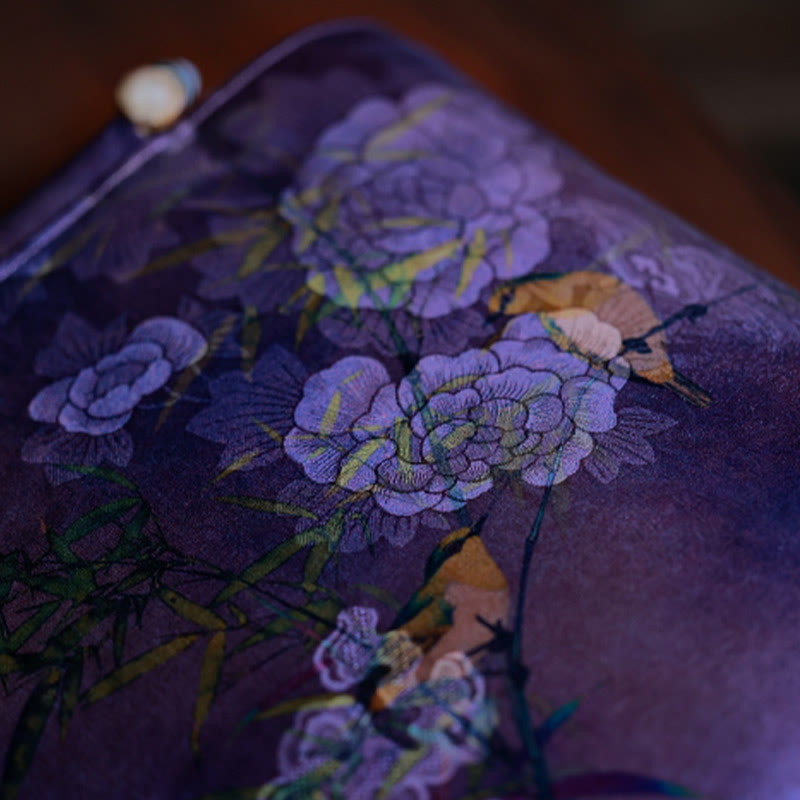 Nimara Ritual Purple Magpie Birds Branches Bamboo Handles Handbag