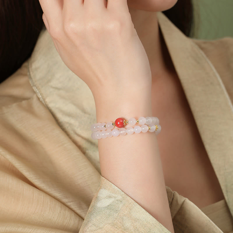 Nimara Ritual 925 Sterling Silver Natural White Agate Cinnabar Double Wrap Protection Bracelet