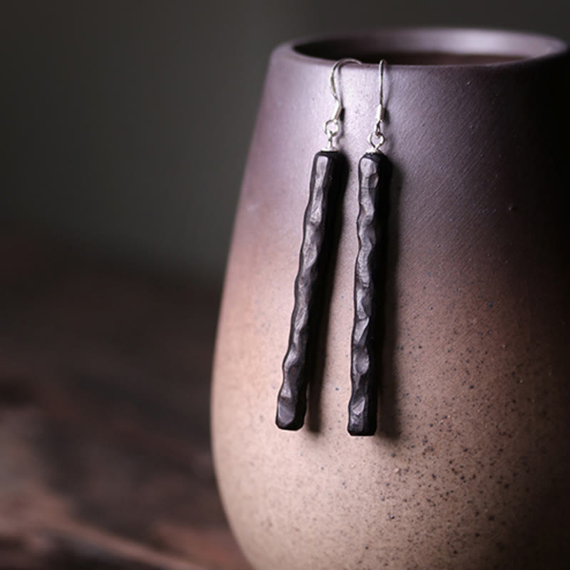 Nimara Ritual 925 Sterling Silver Ebony Wood Texture Balance Peace Drop Dangle Earrings