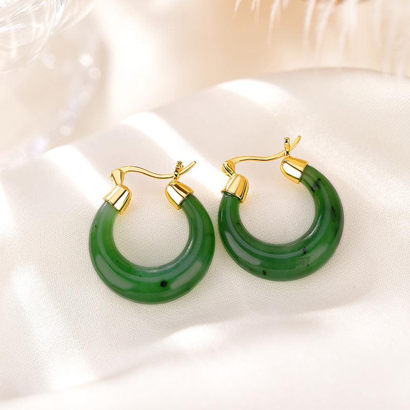 Nimara Ritual 925 Sterling Silver Plated Gold Natural Round Hetian Cyan Jade Luck Drop Earrings