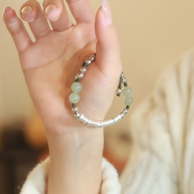 Nimara Ritual 925 Sterling Silver Natural Jade Fu Character Bamboo Abundance Bracelet