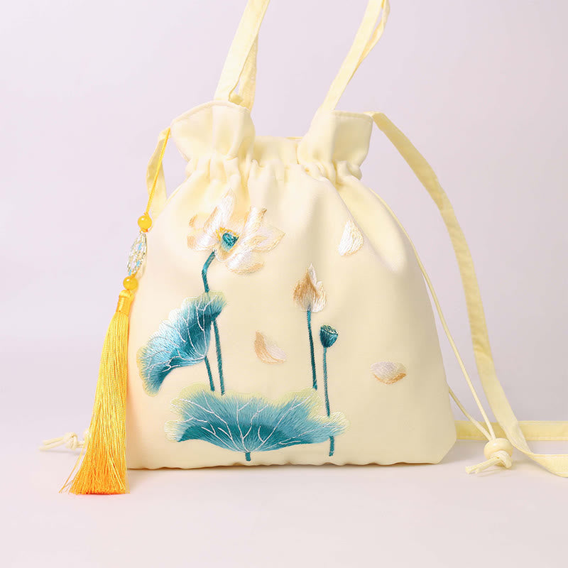 Nimara Ritual Lotus Peony Epiphyllum Phoenix Suzhou Embroidery Cotton Linen Tote Crossbody Bag Shoulder Bag Handbag