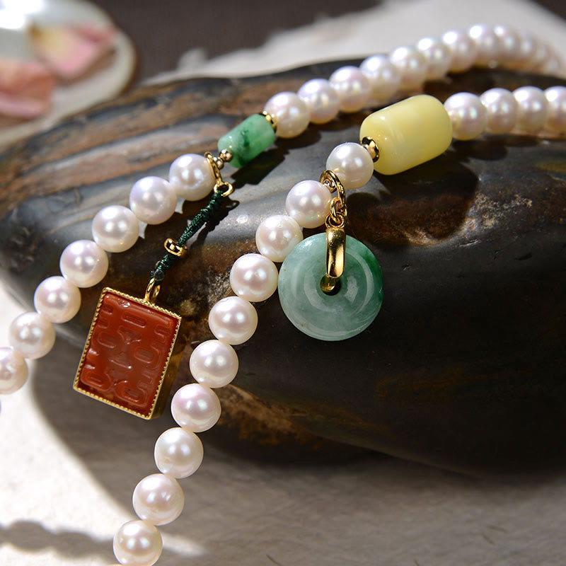 Nimara Ritual 925 Sterling Silver Pearl Hetian Jade Red Agate Double Happiness Amber Luck Quadruple Wrap Bracelet