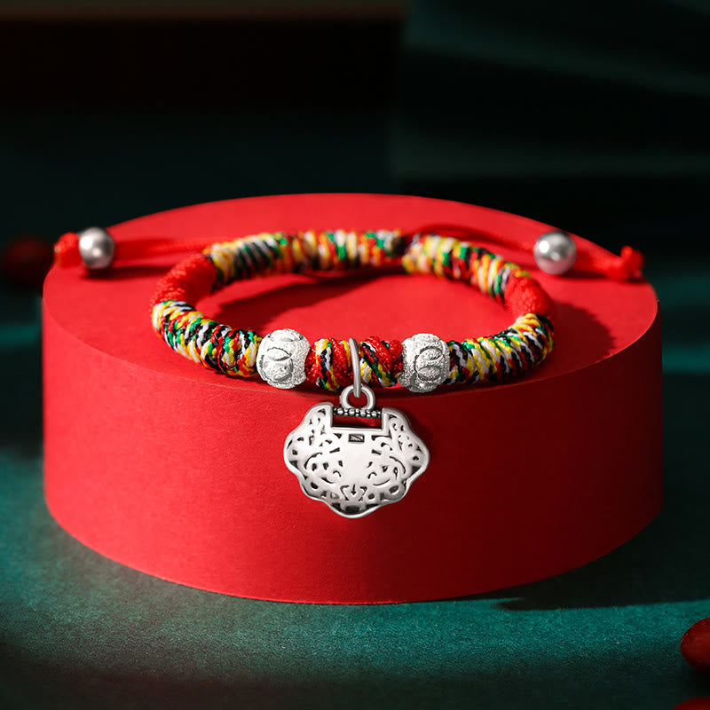 Nimara Ritual 925 Sterling Silver Chinese Lock Charm Multicolored Red String Protection Handmade Braided Kids Bracelet