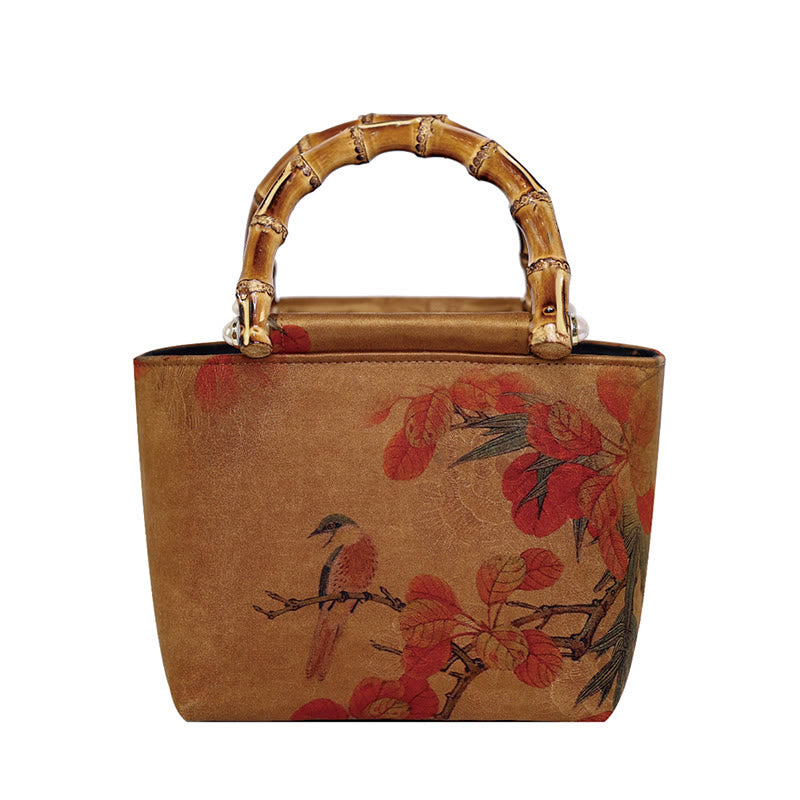 Nimara Ritual Yellow Bird Branches Green Peony Flower Bamboo Handles Handbag