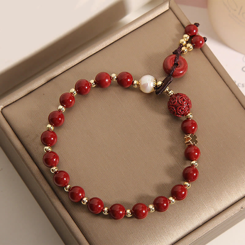 Nimara Ritual Natural Cinnabar Peace Buckle Copper Coin Charm Blessing Bracelet