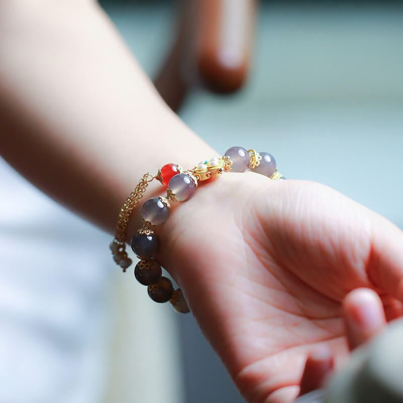 Nimara Ritual Natural Gray Agate Fu Character Pearl Tassel Balance Bracelet