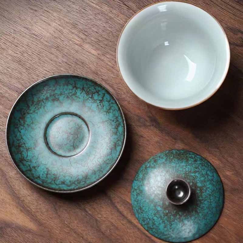 Nimara Ritual Traditional Pine Tree Green Ceramic Gaiwan Sancai Teacup Kung Fu Tea Cup And Saucer With Lid