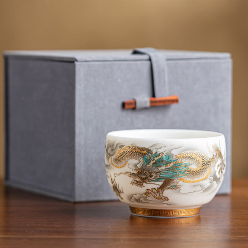Nimara Ritual Dragon Phoenix Auspicious Clouds Ceramic Teacup Kung Fu Tea Cup With Gift Box
