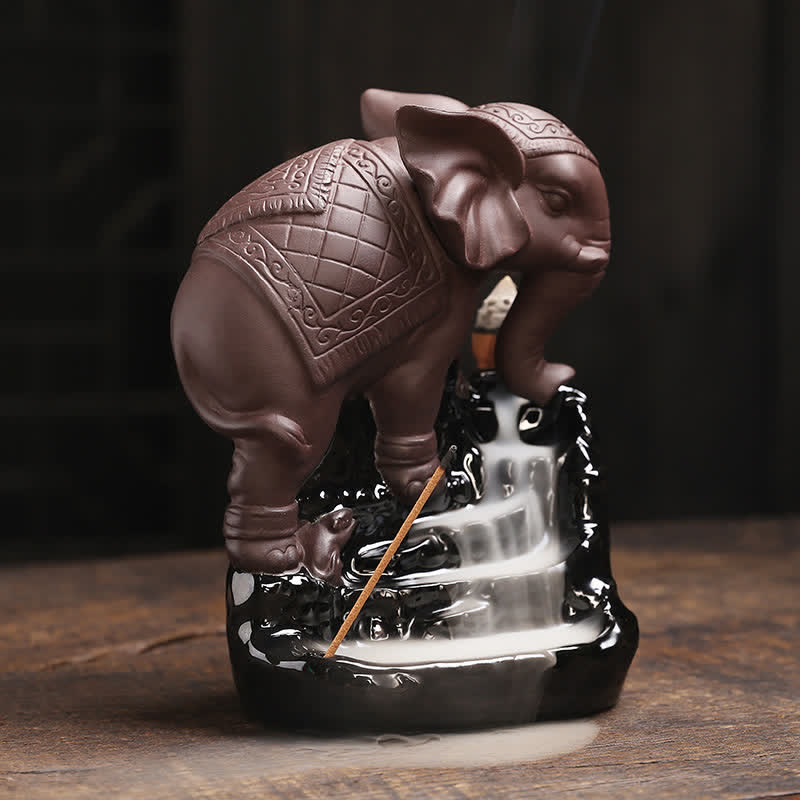 Nimara Ritual Tibetan Elephant Purple Clay Backflow Smoke Fountain Peace Healing Incense Burner Decoration