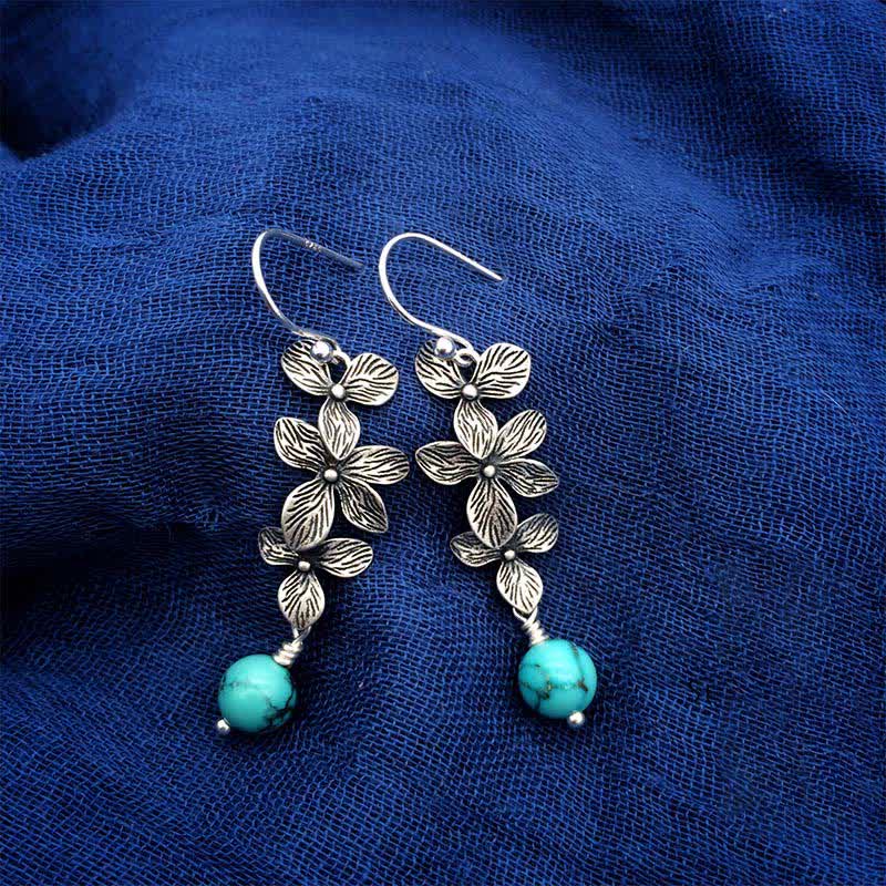 Nimara Ritual 925 Sterling Silver Turquoise Lazurite Flower Leaf Serenity Protection Hook Drop Dangle Earrings