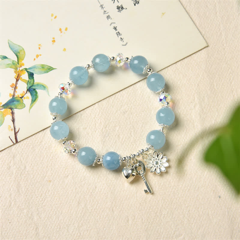 Nimara Ritual 925 Sterling Silver Natural Aquamarine Serenity Flower Love Key Charm Bracelet