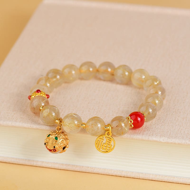 Nimara Ritual Natural Golden Rutilated Quartz Fu Character Charm Bell Wealth Bracelet