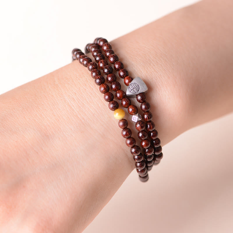 Nimara Ritual 925 Sterling Silver Indian Small Leaf Red Sandalwood Fu Character Protection Triple Wrap Bracelet