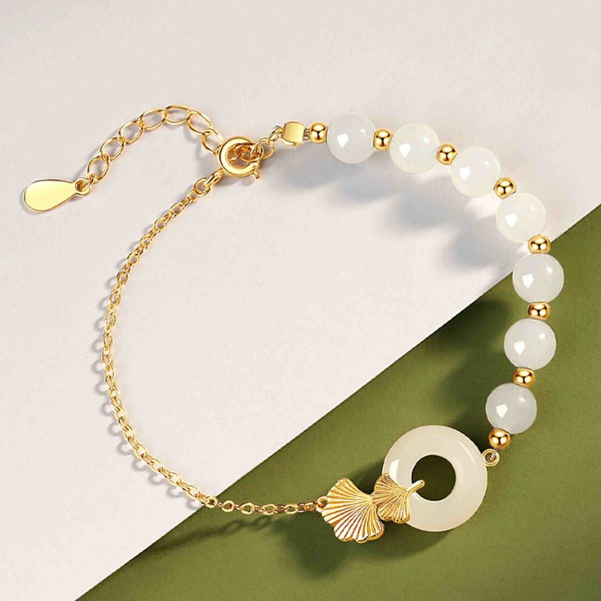 Nimara Ritual 925 Sterling Silver Hetian White Jade Peace Buckle Ginkgo Leaf Luck Bracelet