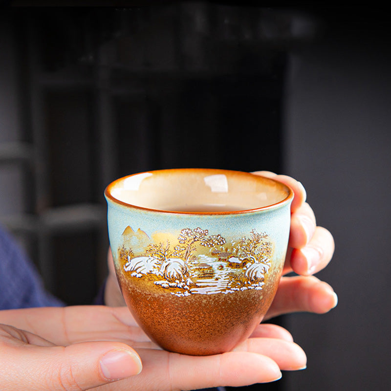 Nimara Ritual Colorful Deer Pipa Snow Plum Blossoms Mountains Rivers Bird Ceramic Teacup Kung Fu Tea Cup Bowl