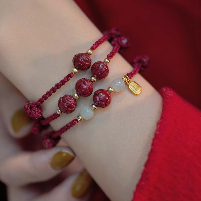 Nimara Ritual Cinnabar Jade Lotus Calm Red String Weave Bracelet