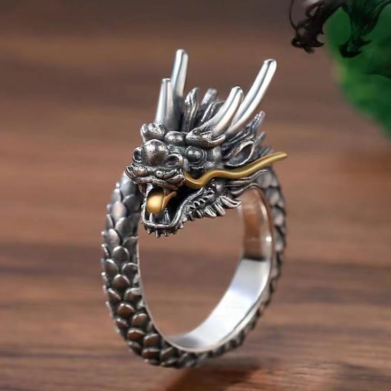 Nimara Ritual 925 Sterling Silver Vintage Dragon Design Protection Strength Adjustable Ring