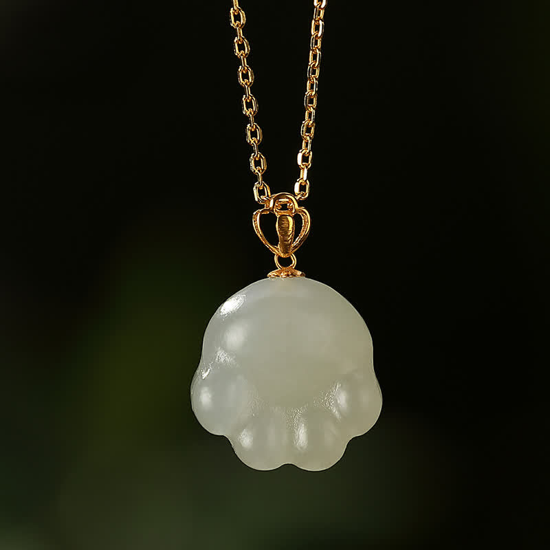 Nimara Ritual 925 Sterling Silver Hetian White Jade Cute Cat Paw Luck Necklace Pendant