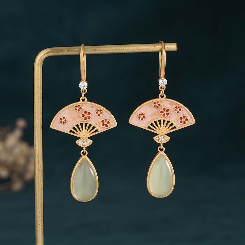 Nimara Ritual Natural Green Aventurine Fan Pattern Luck Drop Earrings