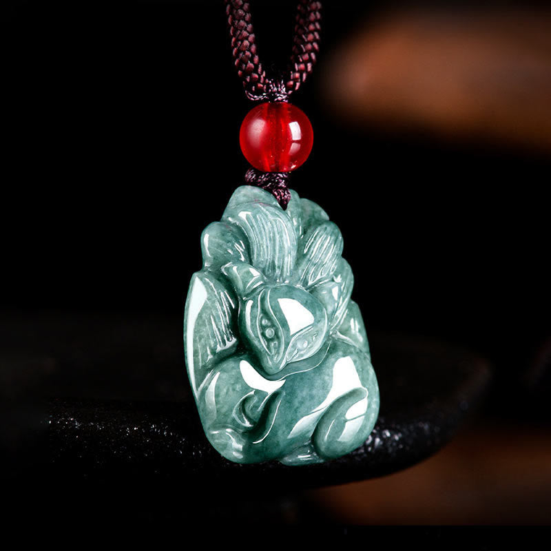 Nimara Ritual Natural Green Jade Nine Tailed Fox Engraved Prosperity Necklace Pendant
