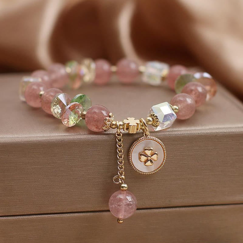 Nimara Ritual Strawberry Quartz Lucky Four Leaf Clover Healing Charm Bracelet